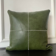 高端头层黄牛皮(黄牛皮，)绿色纯色中厚荔枝纹真皮沙发，抱枕靠垫含芯可定制