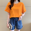 橙色短袖T恤女夏2023年圆领纯色百搭宽松中长款显瘦半袖上衣