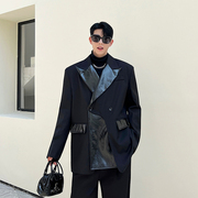 韩系高级感黑色西装外套男秋冬小众拼皮双排扣设计网红发型师西服