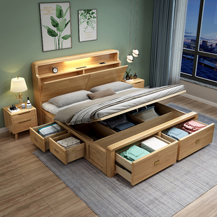 1.351.8m1.5全实木气压高箱床现代简约米收纳储物原木双人抽屉床