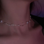 韩国珍珠水钻项链时尚款女轻奢小众设计感锁骨链简约气质双层吊坠