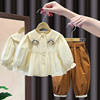 女宝春秋款套装2024最中小童韩版洋气网红款娃娃领长袖两件套