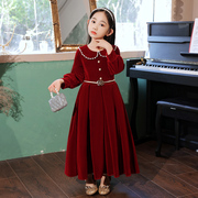 女童礼服秋冬季儿童长袖生日，公主裙红色花童小女孩，主持人钢琴演出