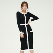 欧韩女装韩版名媛气质拼接撞色圆领长袖包臀显身材针织连衣裙