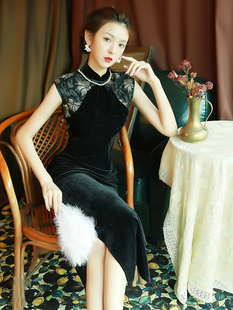 黑色丝绒旗袍2022年性感时尚长款显瘦复古中国风改良连衣裙女