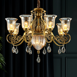 澳米铜灯欧式水晶吊灯客厅，卧室灯具简欧复古铜灯美式全铜吊灯