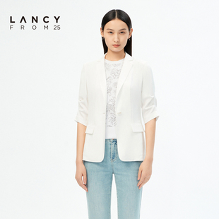 lancy悦朗姿女装2023夏季薄款白色五分袖，西装外套女收腰显瘦