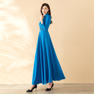 春秋连衣裙女长袖2023天蓝色高级感气质显瘦衬衣领长裙到脚踝