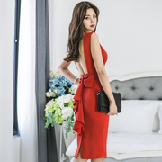 夏装2024女韩版修身无袖连衣裙红色性感露背荷叶边开叉包臀裙