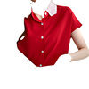2022夏装宽松职业衬衣女，红色翻领雪纺衫小众短袖衬衫女