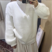 韩国秋冬仙女白色，貂绒v领纯色，宽松套头毛衣5295