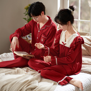 马克公主睡衣结婚新婚情侣套装纯棉长袖红色本命年男女家居服春秋