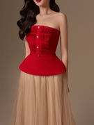 重工抹胸收腰套装裙设计师褶皱红色抹胸收腰上衣百褶网纱仙女裙