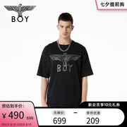 BOYLONDON潮牌短袖男女同款夏季烫钻印花宽松休闲黑色T恤N01019