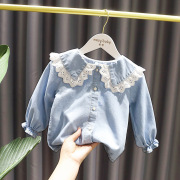 女童牛仔衬衫春秋新款洋s气女宝宝娃娃领蕾丝花边上衣小女孩外套