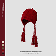新年红色帽子女秋冬季保暖毛线，流苏套头帽，手工针织护耳帽复古百搭