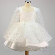 欧美跨境儿童婚纱礼服女2023白色长袖生日蓬蓬，短裙女童主持演出服