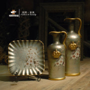 欧式田园乡村花瓶装饰盘陶瓷花瓶三件套摆件 创意客厅玄关花瓶