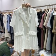 mootea韩版夏季时尚百搭双排，扣百褶短袖，西装连衣裙女