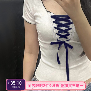 amyway少女感蕾丝拼接花边蓝色，绑带短袖圆领，复古bm风甜美短上衣