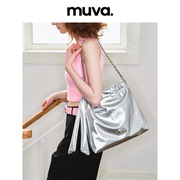 MUVA大容量托特包女 银色牛皮大包包通勤百搭2023原创单肩包