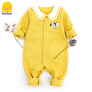 黄色小鸭婴儿连体衣宝宝春秋长袖哈衣6个月1岁宝宝可爱针织外出服