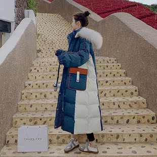 蓝色棉服女长款2021冬季韩版宽松设计感小众撞色加厚棉衣外套