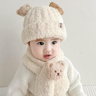 小熊毛绒婴儿帽子秋冬季宝宝帽，围巾一体两件套儿童保暖护耳帽超萌