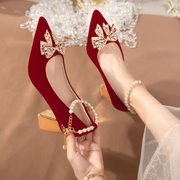新娘结婚鞋秀禾婚纱，鞋粗跟高跟2023红色两穿孕妇，礼服敬酒鞋女