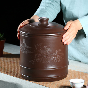 宜兴紫砂茶叶罐大码号普洱茶桶醒茶器，陶瓷透气家用米缸七子饼存储