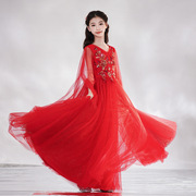 中国风儿童古筝演奏演出服，女童红色亮片中式古典舞，二胡民乐表演服