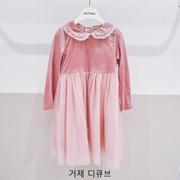 韩国品牌童装perimitz女童，秋冬款烟粉色，金丝绒长袖连衣裙公主纱裙