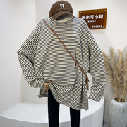 米米可2023秋季韩版复古条纹圆领套头长袖T恤女宽松大版情侣上衣