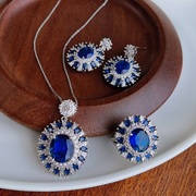 人造蓝宝石吊坠耳钉戒指，套装小众轻奢满钻群镶人造蓝宝石套装