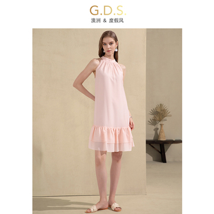 GDS澳洲品牌度假风粉色无袖挂脖露肩2024海边沙滩连衣裙夏季