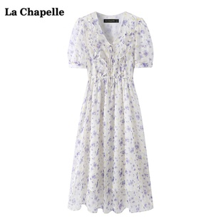 拉夏贝尔/La Chapelle仙女碎花雪纺连衣裙女夏V领短袖中长款裙子