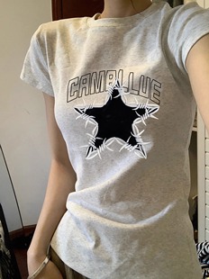 美式复古花灰色星星字母短袖T恤女夏季辣妹修身显瘦正肩上衣