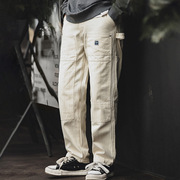 马登工装日系复古做旧宽松米白色牛仔裤水洗直筒多口袋木工裤长裤