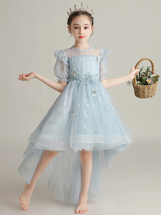 定制女童礼服高端洋气蓝色前短后长燕尾公主裙小女孩主持人钢琴演