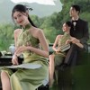 影楼主题绿色挂脖旗袍户外复古园林中国风情侣摄影拍照写真礼服装