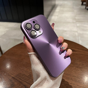 高质感CD纹暗紫色全包镜头膜适用iphone15pro手机壳苹果14proMax13简约风12高级防摔11保护套男女潮牌