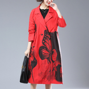 红色薄款风衣女中长款2020秋装韩版宽松显瘦气质印花春秋外套