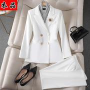 白色双排扣中长款小西装女2023秋冬时尚设计感工作服韩版套装