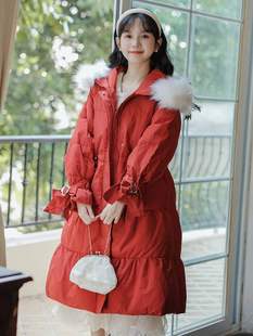 女装2023冬季新红色(新红色)长款过膝大毛领面包，服高级感收腰显瘦棉衣外套
