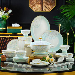 景德镇高档骨瓷餐具碗碟套装家用轻奢金边陶瓷器碗盘现代欧式组合
