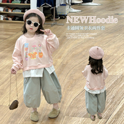 女童卫衣套装春装2024韩版洋气，儿童假两件套头上衣灯笼裤两件