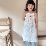 女童白色蕾丝吊带裙叠穿牛仔裤夏装24韩系时髦儿童连衣裙长裙