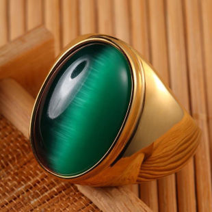 大气戒指男士霸气钛钢镀18k金指环(金指环)绿色咖啡色猫眼宝石玛瑙戒子扳