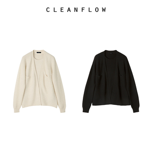 cleanflow黑色米杏纯山羊绒正反，针织开衫背心两件套上衣