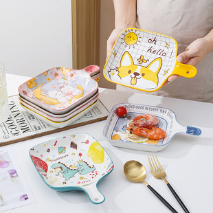 卡通陶瓷烤盘微波炉烤箱专用手柄盘儿童可爱菜盘子网红家用单柄盘